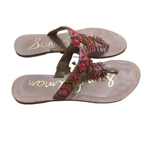 Sam Edelman Women's Anella Pink Beaded Fringe Flat Boho Aztec Sandals Size 9.5